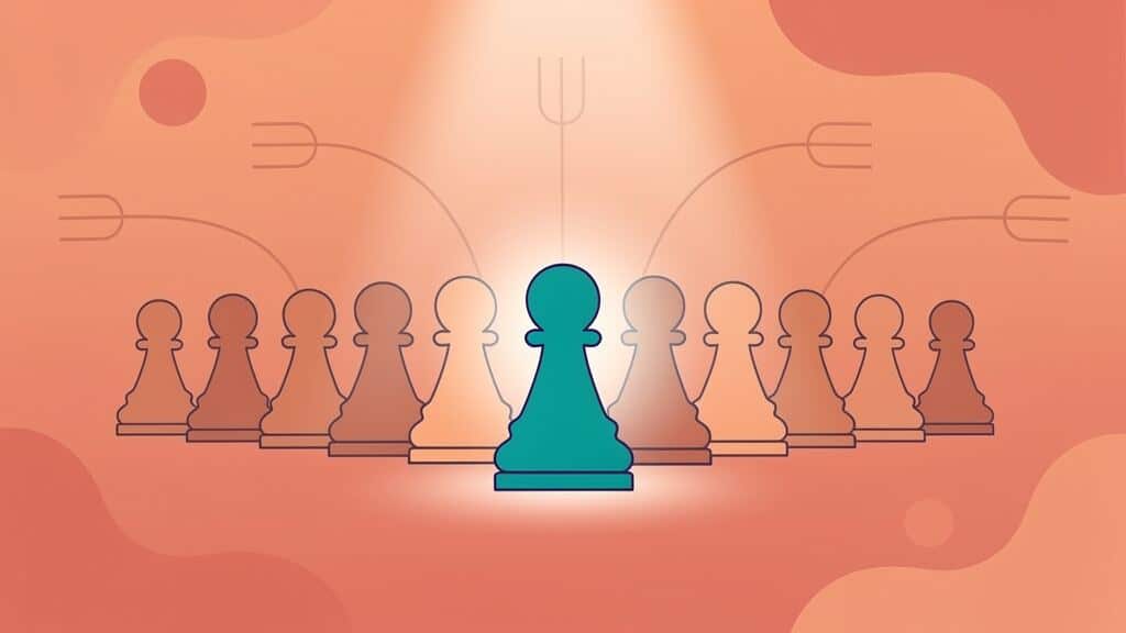 Strategia przewagi rynkowej z centralną figurą i otaczającymi pionkami.