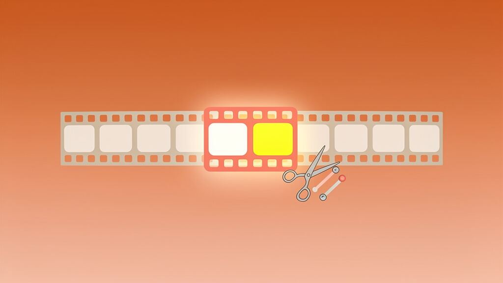 Kadr z filmu z taśmą filmową i nożyczkami, symbolizujący edycję i produkcję filmową.