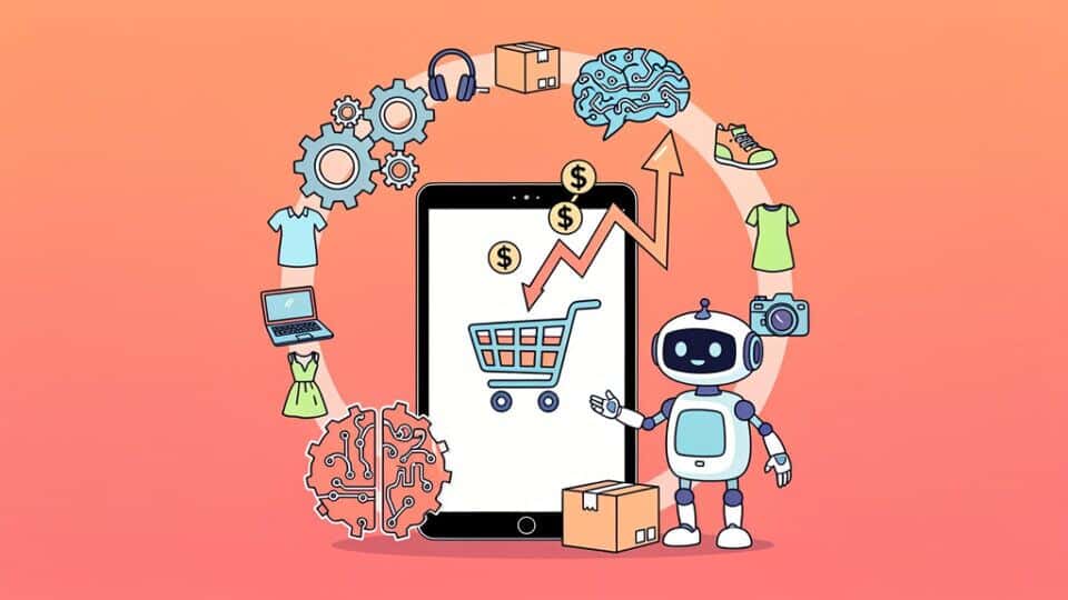 Robot i symbole technologii i e-commerce na tle smartfona i wykresu wzrostu.