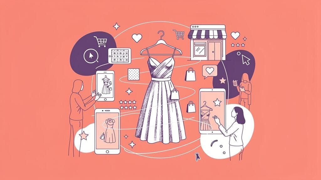 Przedmiot odzieży damskiej na wieszaku z elementami e-commerce i social media.